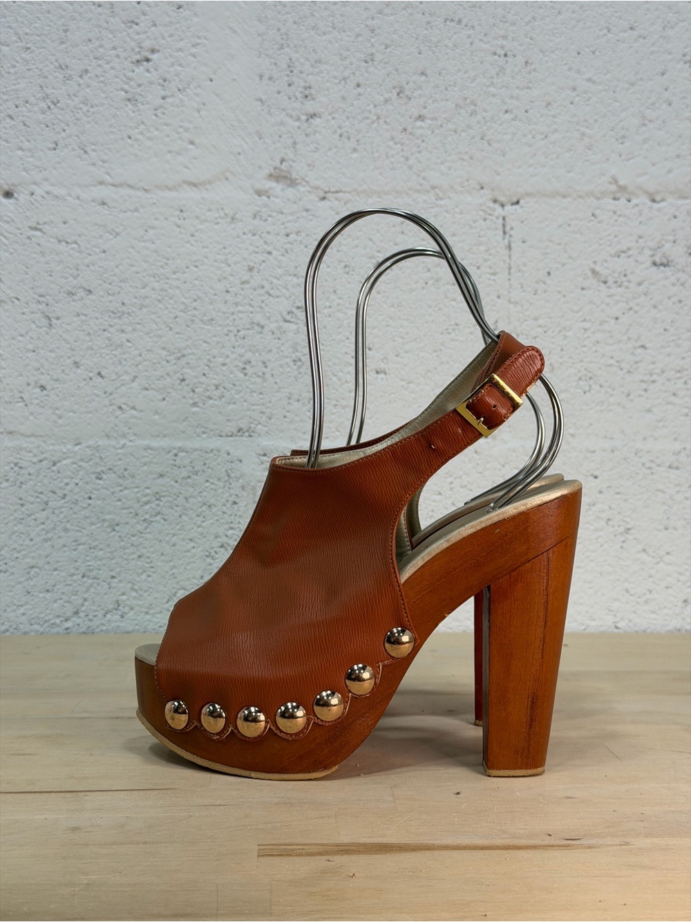 Women's Brown Platform High-Heel Sandal with Metallic Studs